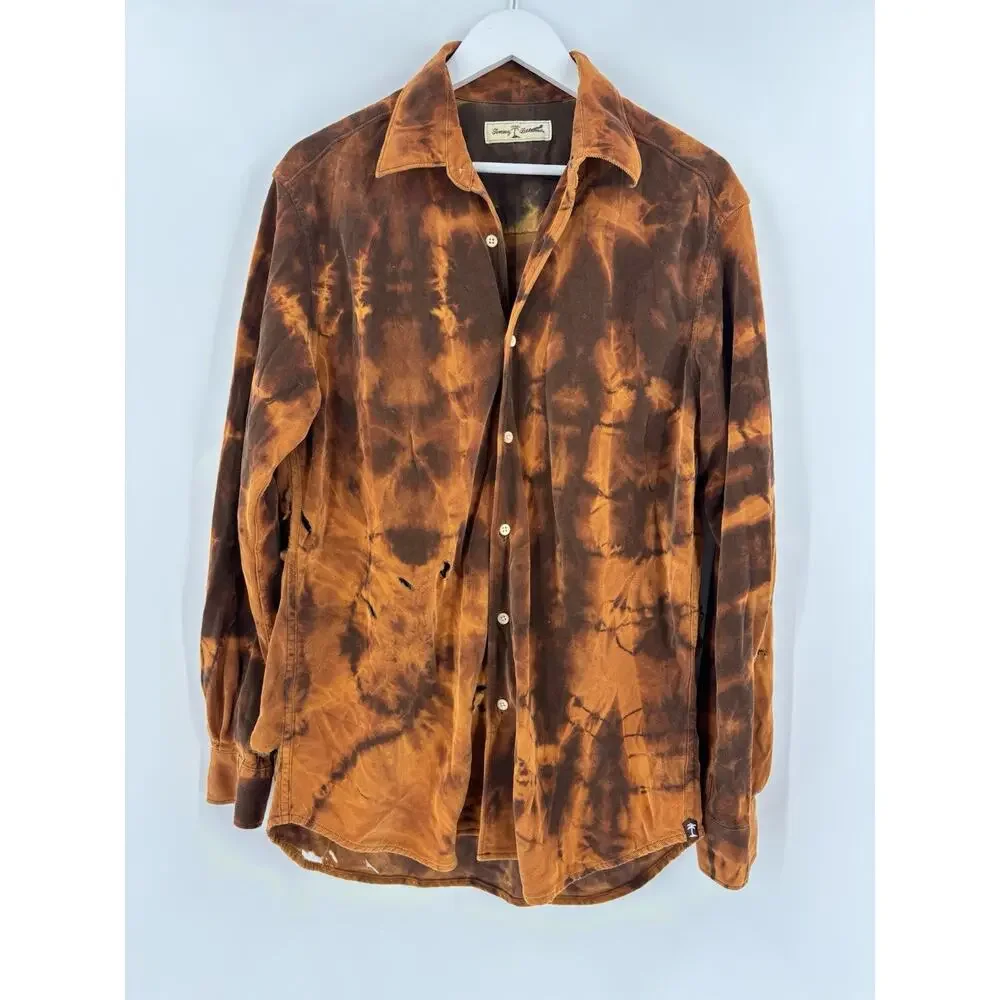 Tommy Bahama Button Down Mens Medium Orange Brown Corduroy Tie Dye Distressed
